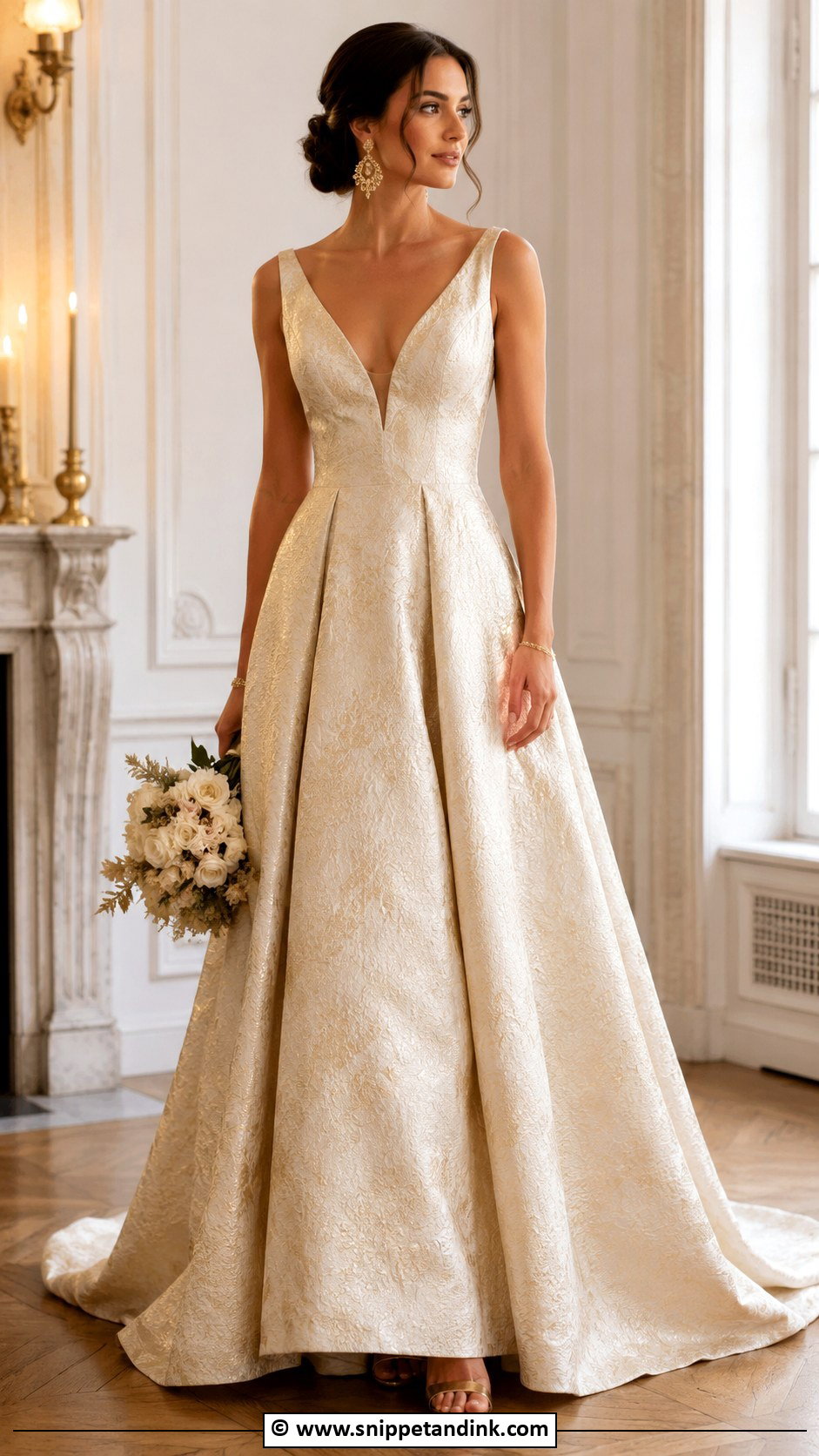 Champagne Jacquard Wedding Dress With Gold Accessories - Snippet and Ink - 25 Jacquard Wedding Dress Ideas