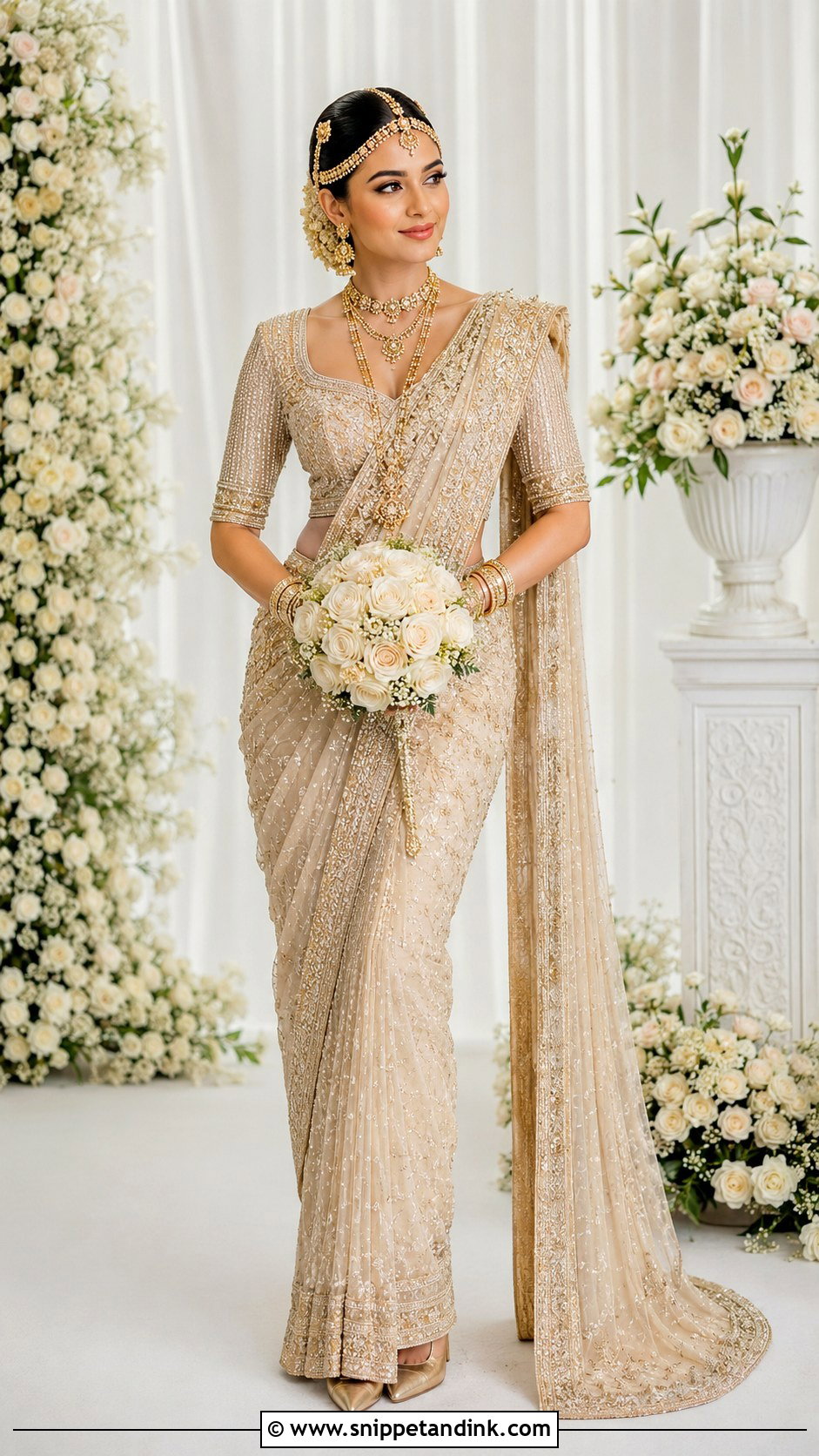 Champagne Kandyan Bride With Crystal Beading - Snippet and Ink - 20 Kandian Bride Ideas