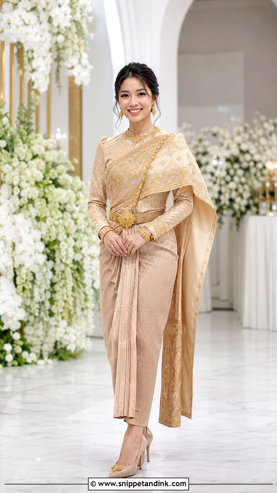 Champagne Khmer Wedding Outfit - Snippet and Ink - 20 Khmer Wedding Outfits