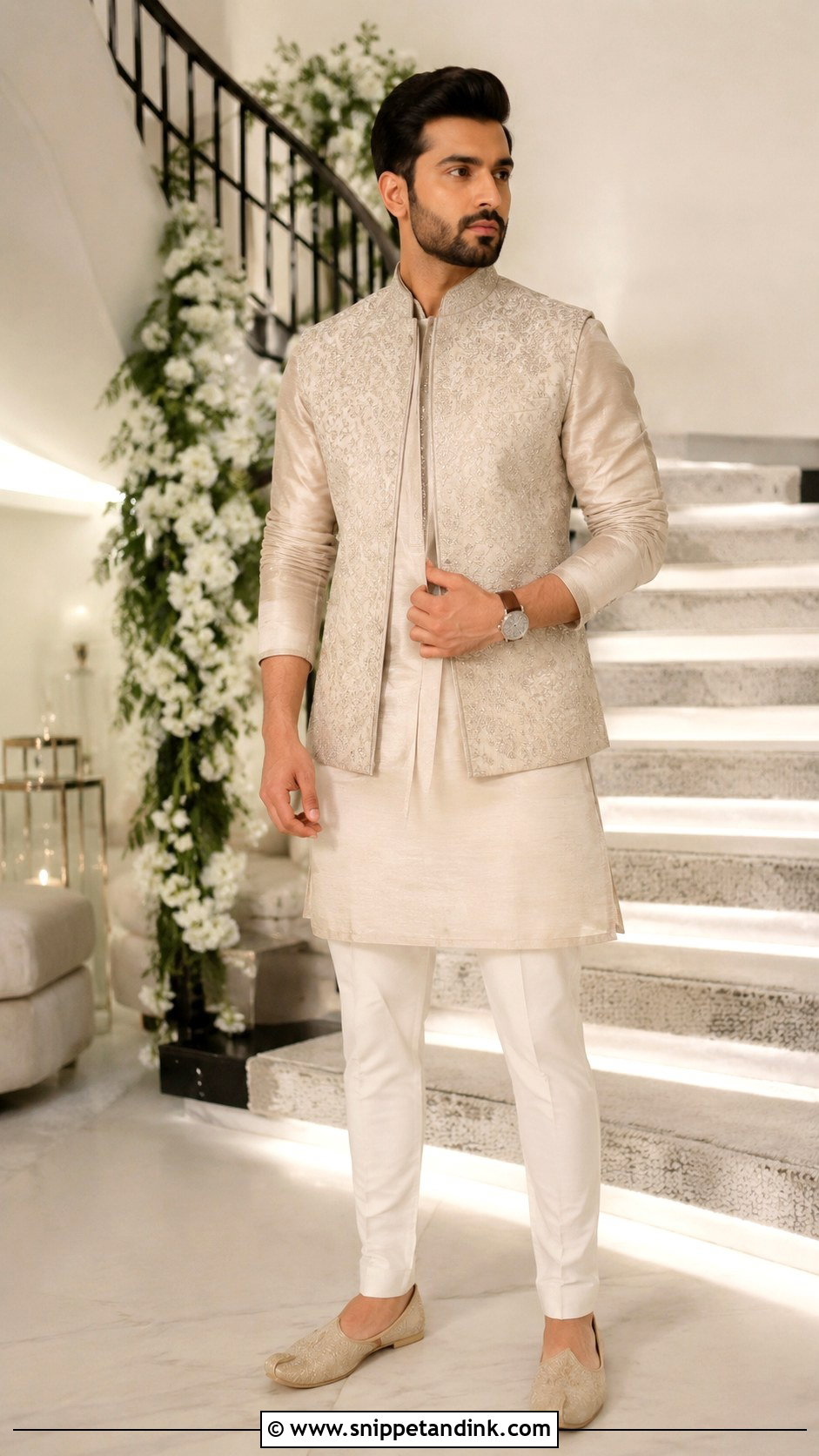 Champagne Kurta Jacket Outfit - Snippet and Ink - 25 Ranbir Kapoor Wedding Outfit Ideas