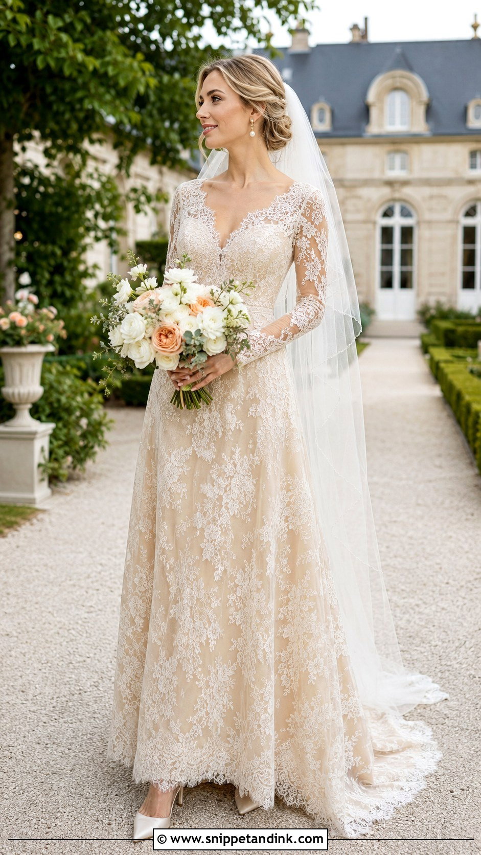 Champagne Lace A Line Wedding Dress With Long Sleeves - Snippet and Ink - 20 Champagne Wedding Dress with Sleeves