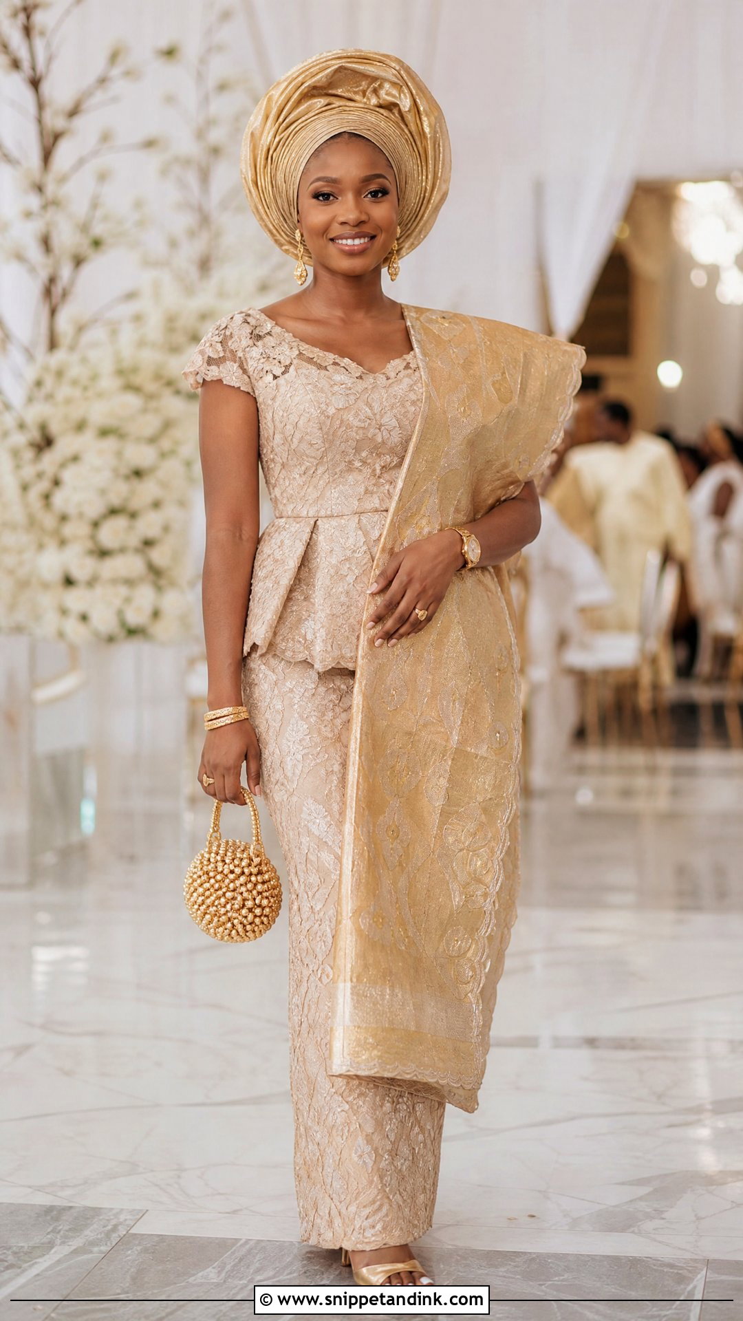 Champagne Lace And Gold Gele Outfit - Snippet and Ink - 20 Yoruba Introduction Outfit Ideas