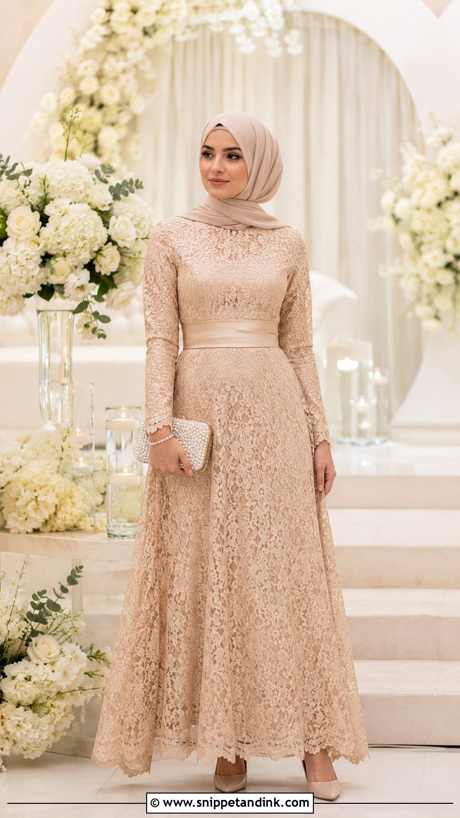 Champagne Lace Bridesmaid Hijab Dress - Snippet and Ink - 20 Dress Braidsmaid Hijab Ideas