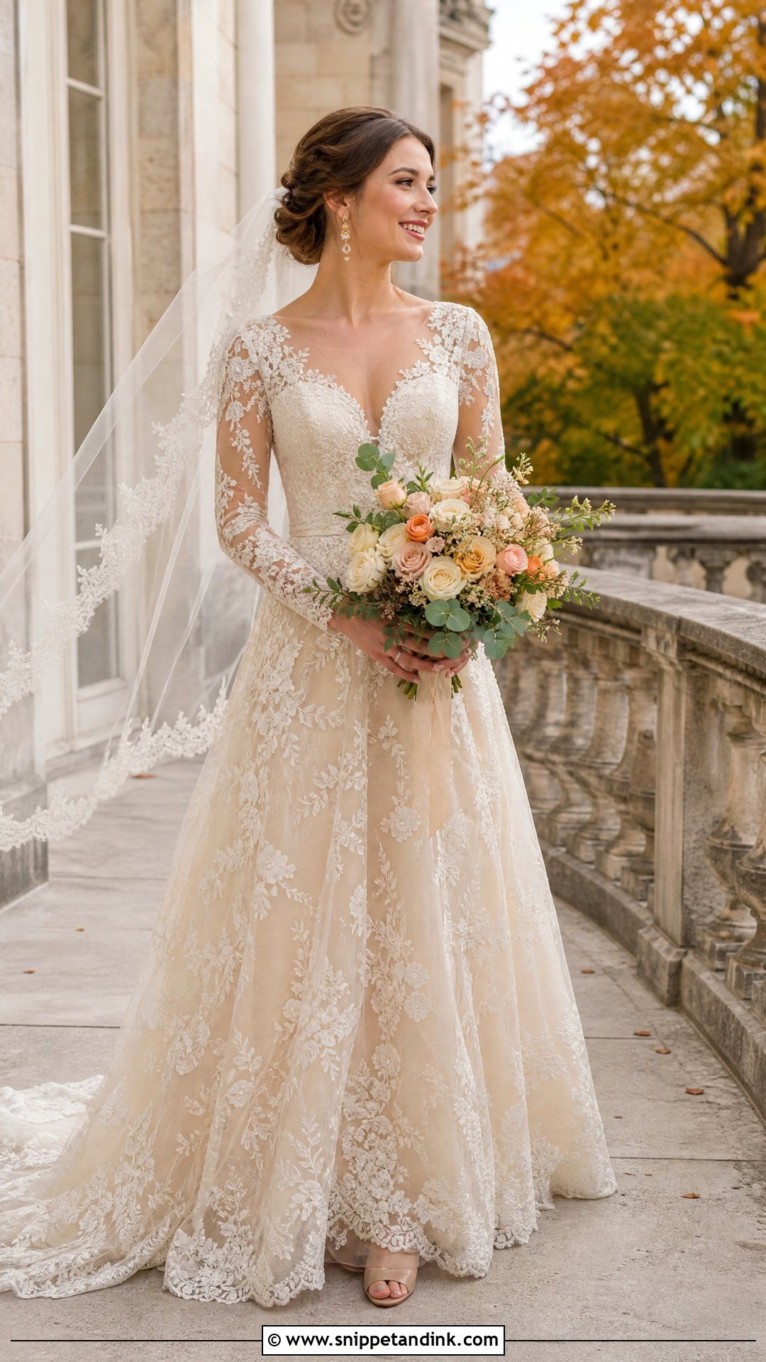 Champagne Lace Long Sleeve Soft Autumn Wedding Dress - Snippet and Ink - 20 Soft Autumn Wedding Dress Ideas