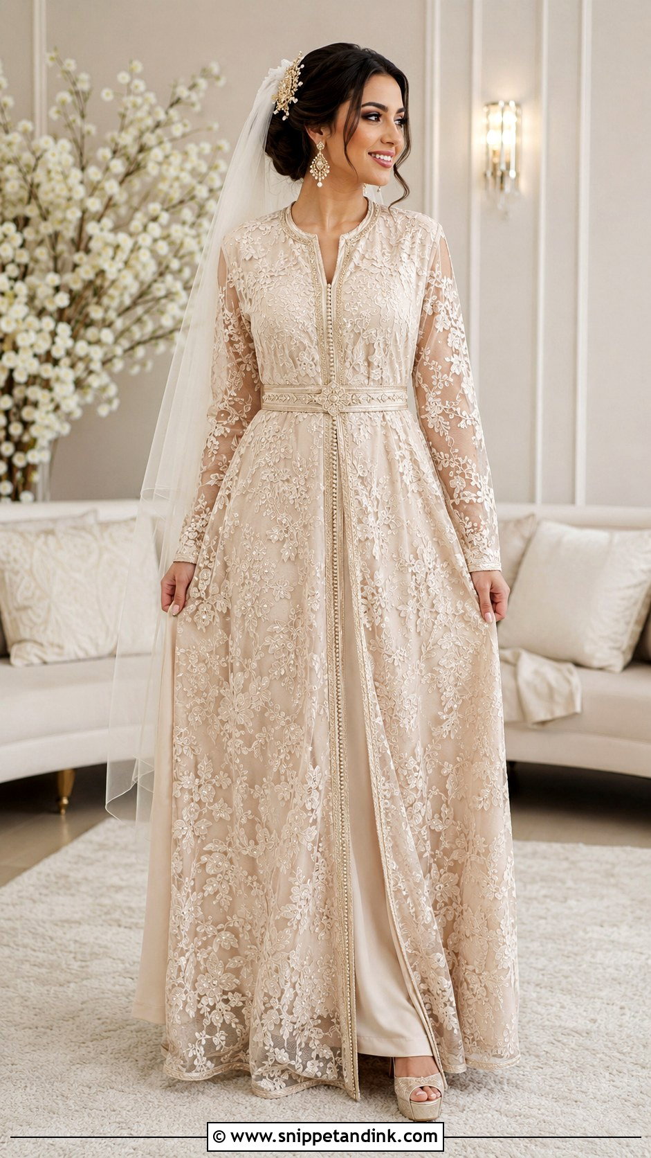 Champagne Lace Moroccan Bride Kaftan - Snippet and Ink - 20 Moroccan Bride Dress Ideas