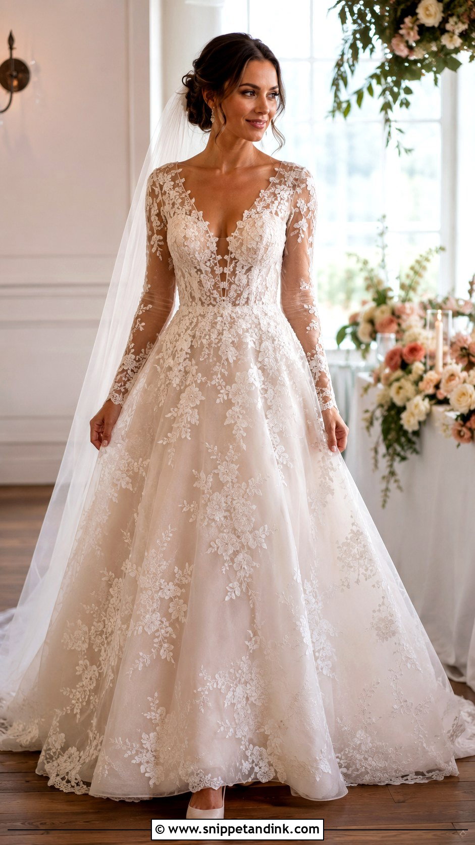 Champagne Lace Wedding Dress With Sleeves - Snippet and Ink - 20 Lacy Wedding Dresses with Sleeves