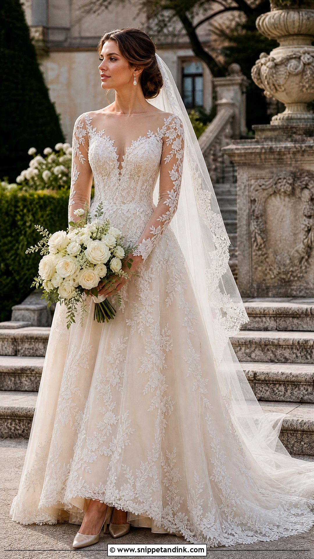 Champagne Lace Wedding Dress with Illusion Sleeves - Snippet and Ink - 20 Vintage Wedding Dresses with Sleeves