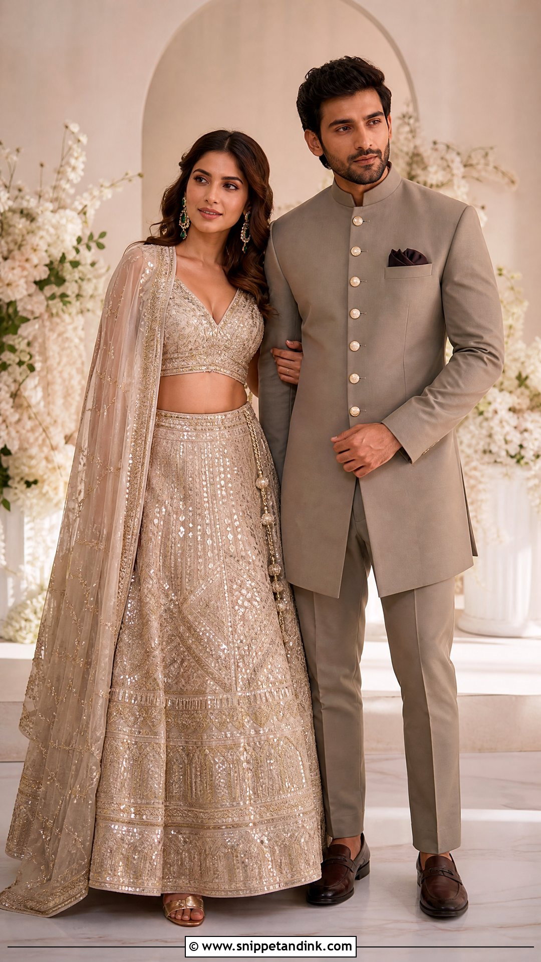 Champagne Lehenga And Taupe Bandhgala Sangeet Couple Outfit - Snippet and Ink - 25 Sangeet Couple Outfits