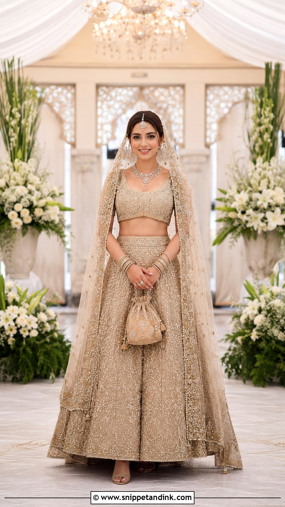 Champagne Lehenga With Open Front Bridal Dupatta - Snippet and Ink - 20 Bridal Dupatta Style Ideas