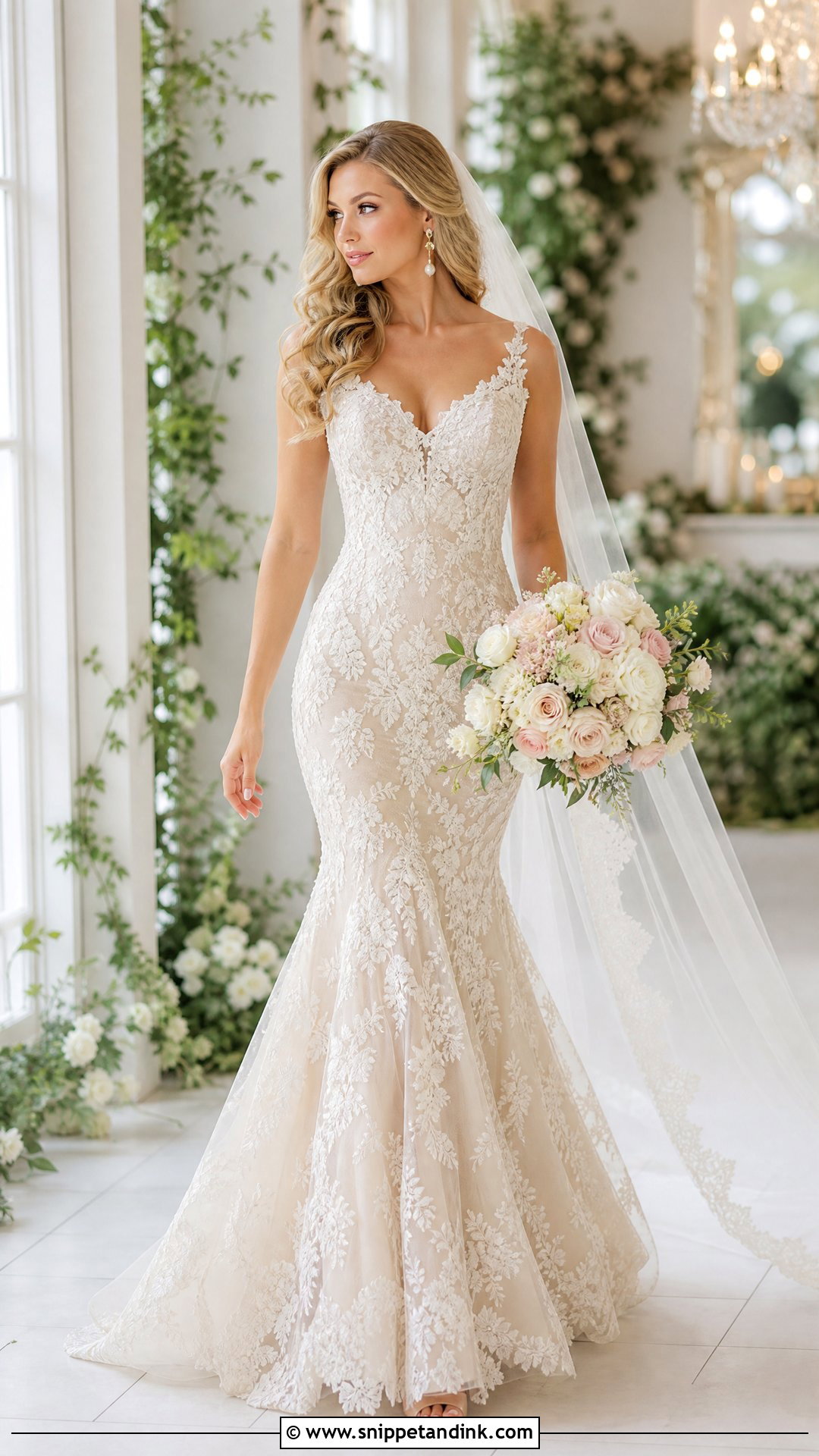 Champagne Lining Lace Mermaid Wedding Dress - Snippet and Ink - 20 Lace Mermaid Wedding Dresses