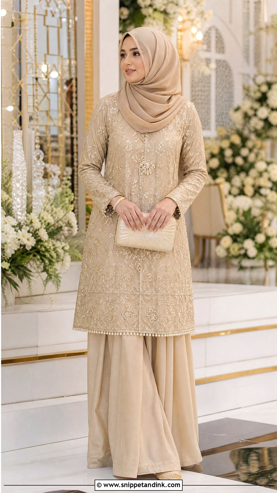 Champagne Long Shirt With Farshi Shalwar - Snippet and Ink - 20 Pakistani Hijab for Wedding Party Ideas