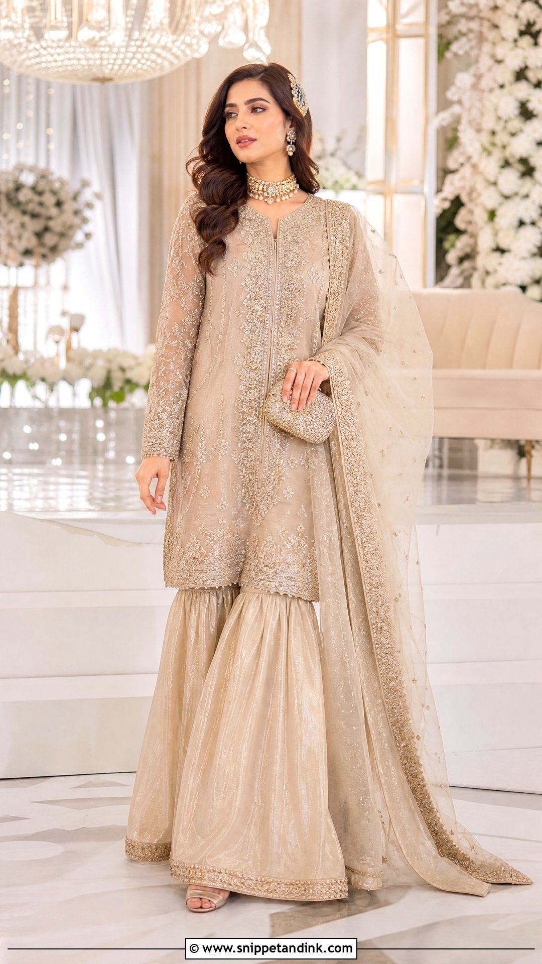 Champagne Long Shirt With Tissue Sharara - Snippet and Ink - 25 Pakistani Long Shirt Wedding Dress Ideas