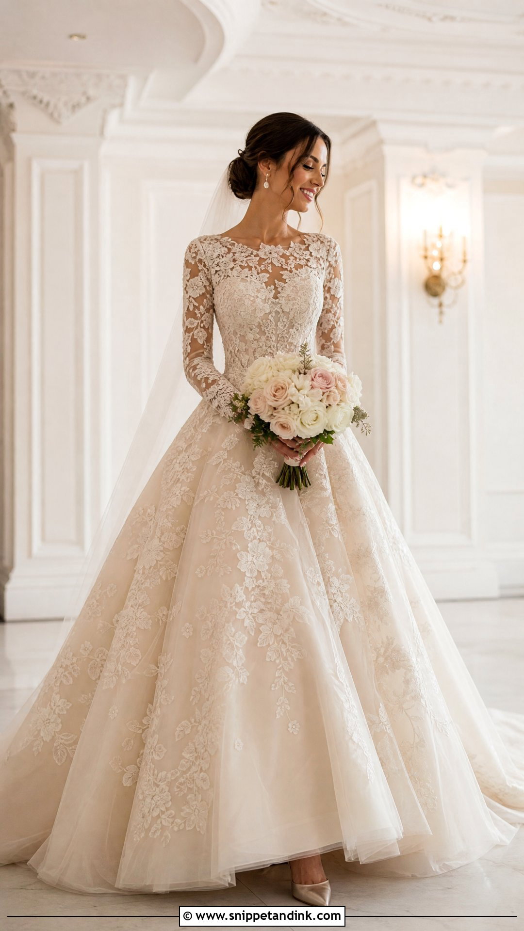Champagne Long Sleeve Lace Wedding Dress Ballgown - Snippet and Ink - 20 Long Sleeve Lace Wedding Dress Ballgown Ideas