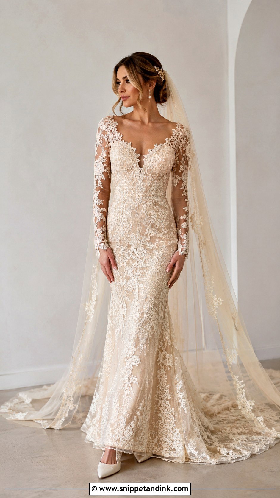 Champagne Long Sleeve Mermaid Wedding Dress - Snippet and Ink - 25 Long Sleeve Mermaid Wedding Dress Ideas