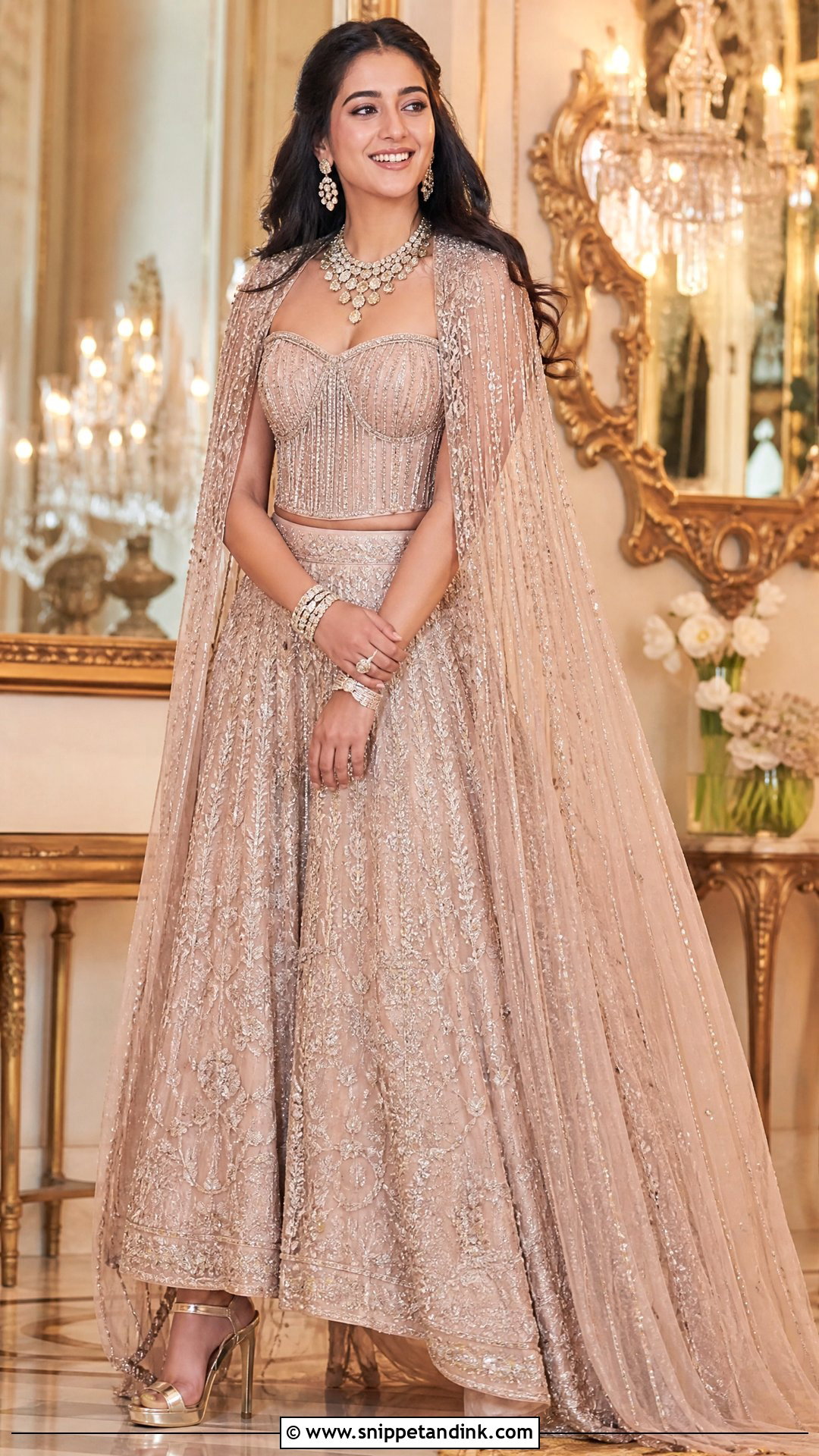 Champagne Manish Malhotra Cape Lehenga - Snippet and Ink - 20 Radhika Merchant Wedding Outfits