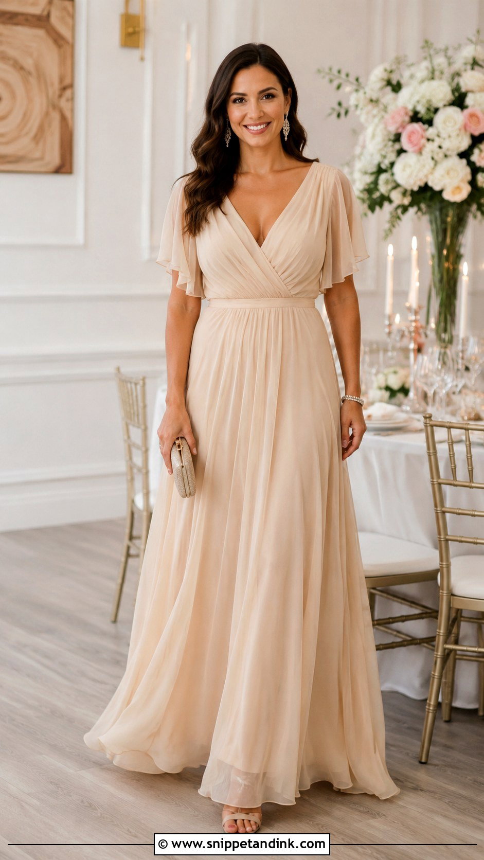 Champagne Maxi Dress Anniversary Outfit - Snippet and Ink - 25 Wedding Anniversary Outfit Ideas