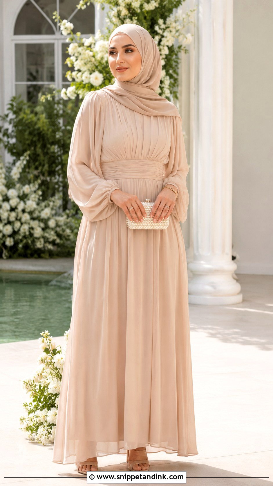 Champagne Maxi Dress With Nude Hijab - Snippet and Ink - 30 Wedding Hijab Styles