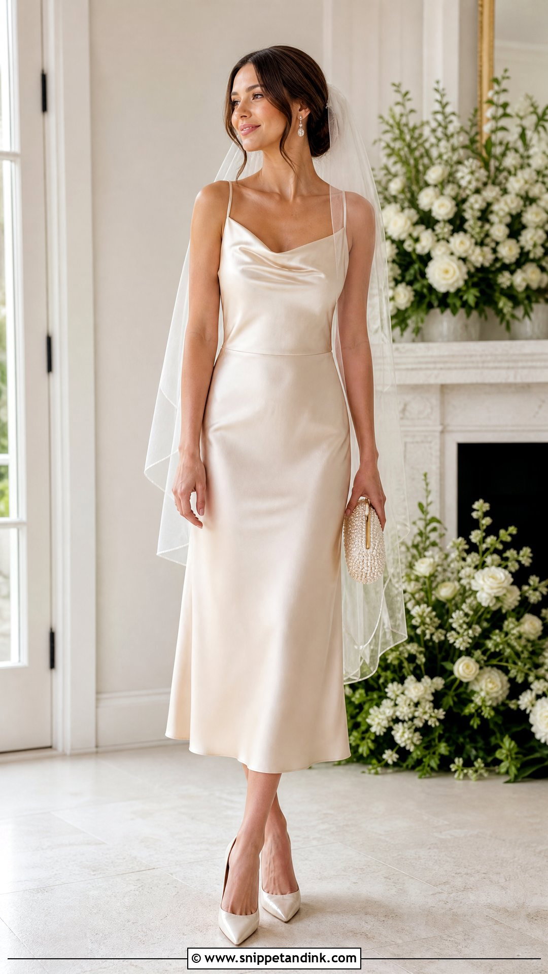 Champagne Midi Bridal Dress With Ivory Accessories - Snippet and Ink - 25 Midi Bridal Dress Ideas