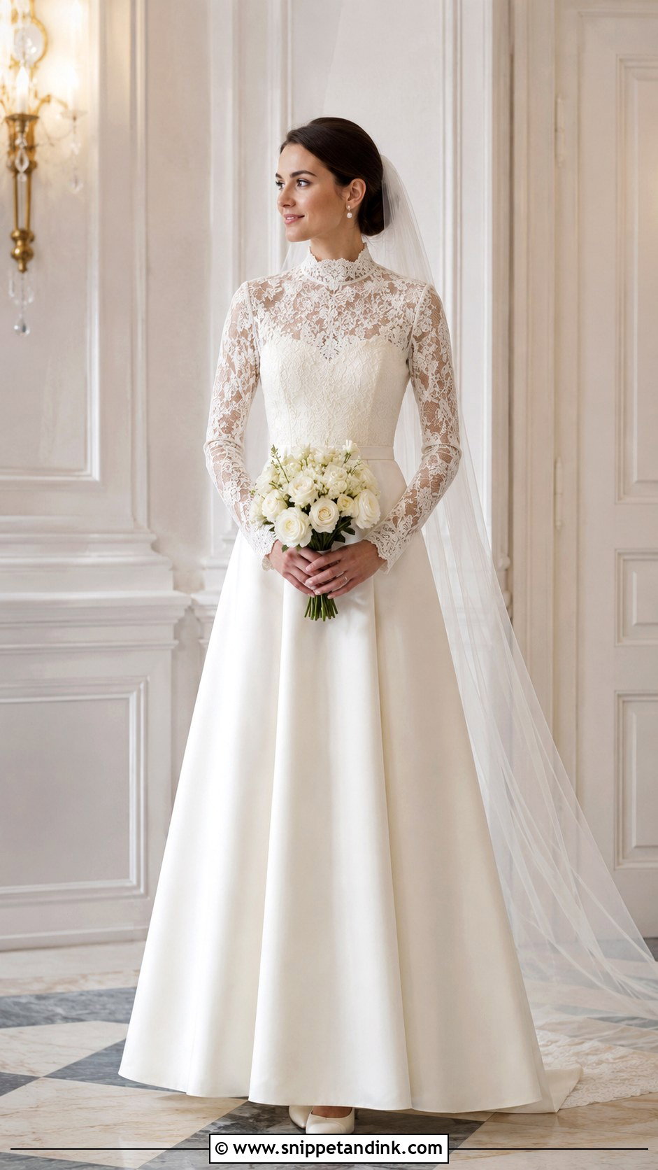 Champagne Modest Wedding Dress With High Neck Sleeves - Snippet and Ink - 20 Champagne Wedding Dress with Sleeves