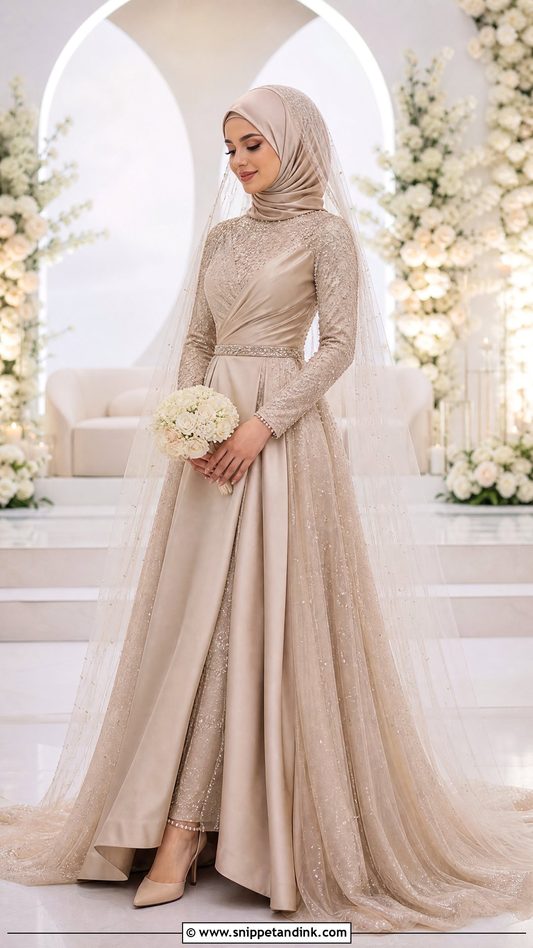 Champagne Muslim Wedding Dress With Hijab - Snippet and Ink - 25 Muslim Wedding Dress Hijab Bride Ideas