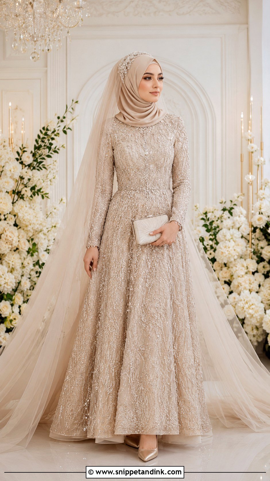 Champagne Nikah Hijab With Beaded Gown - Snippet and Ink - 20 Nikah Hijab Style Ideas