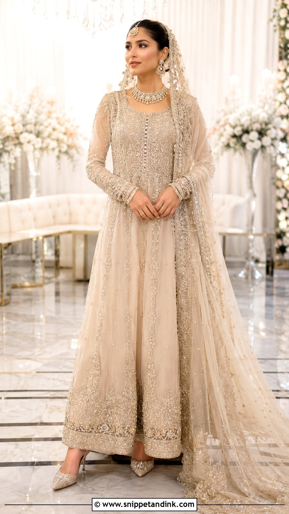 Champagne Nikah Maxi With Bridal Veil - Snippet and Ink - 25 Pakistani Nikah Bridal Wear Ideas