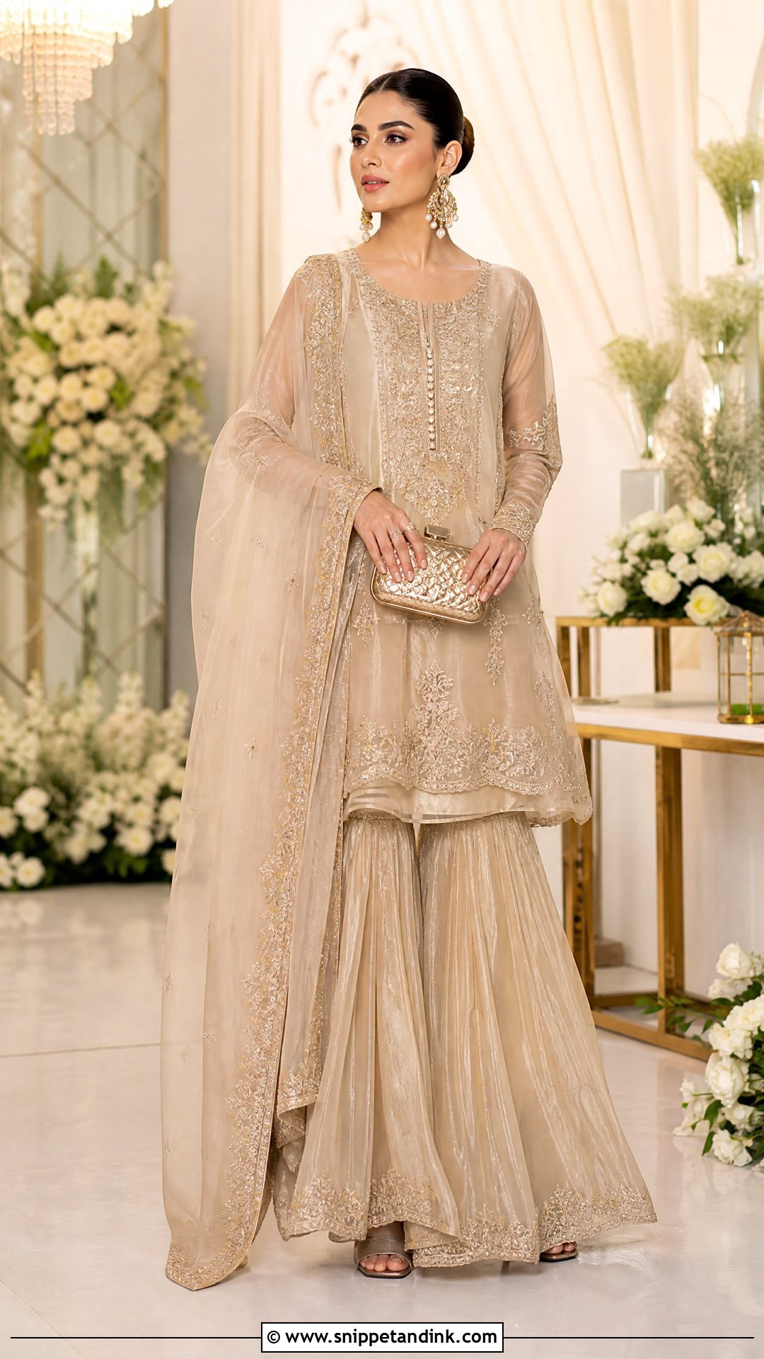 Champagne Nikkah Gharara With Tonal Embroidery - Snippet and Ink - 20 Nikkah Gharara Outfit Ideas