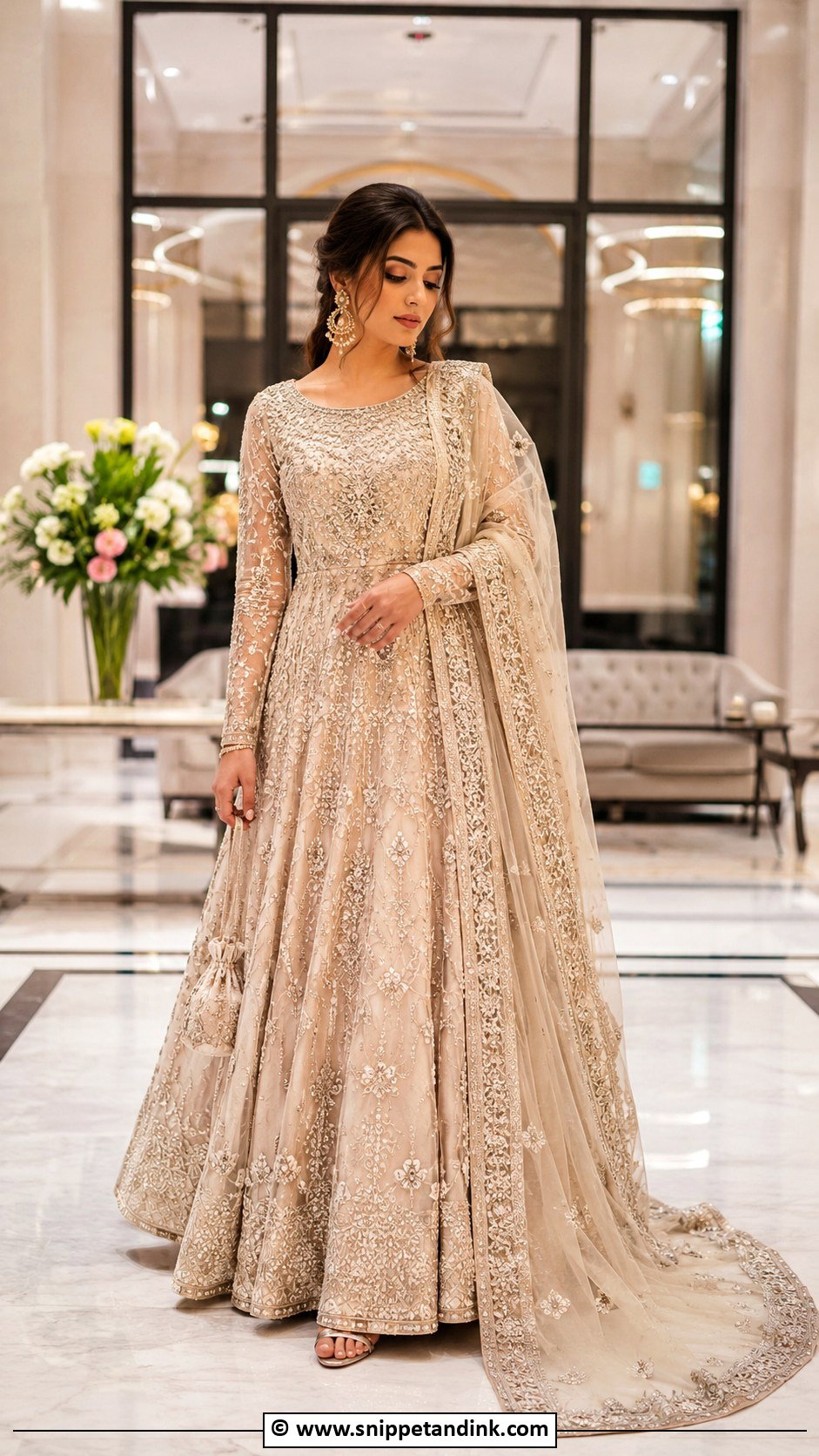 Champagne Nikkah Maxi With Bridal Dupatta - Snippet and Ink - 30 Pakistani Nikkah Dress Ideas