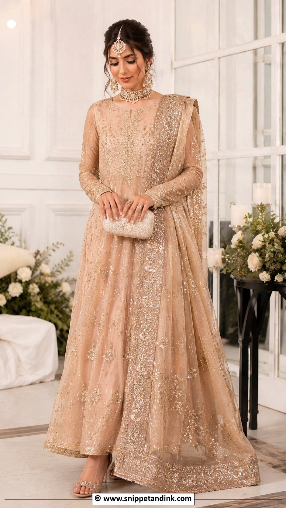 Champagne Nikkah Maxi With Statement Dupatta - Snippet and Ink - 30 Nikkah Look Ideas
