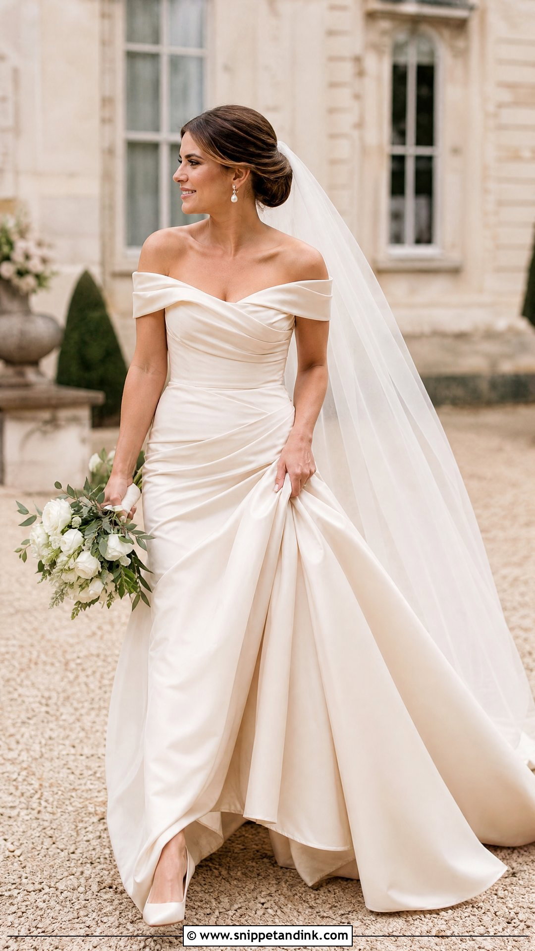 Champagne Off Shoulder Wedding Dress - Snippet and Ink - 25 Champagne Wedding Gown Ideas