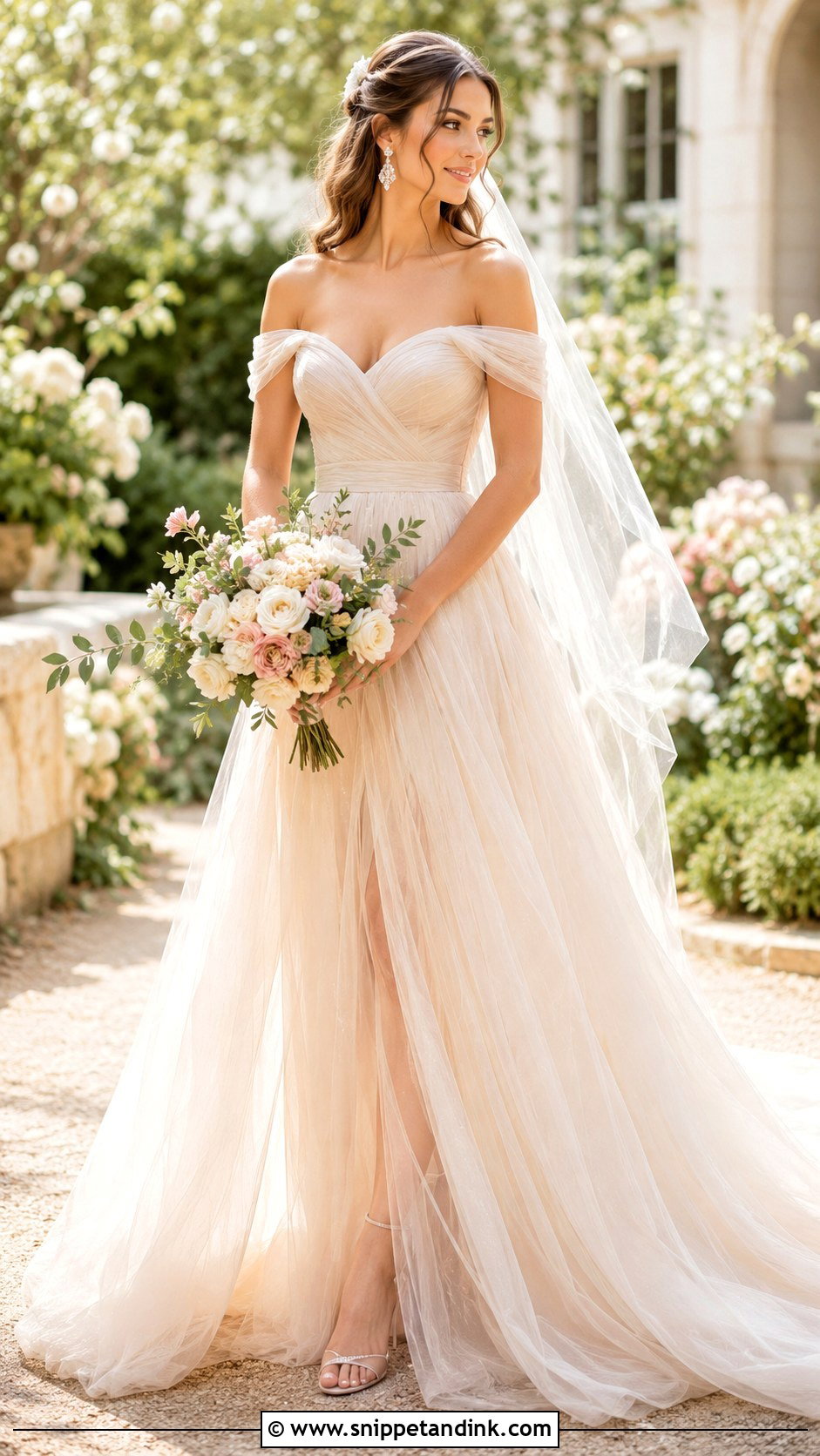 Champagne Off The Shoulder Tulle Bridal Dress - Snippet and Ink - 20 Champagne Bridal Dress Ideas