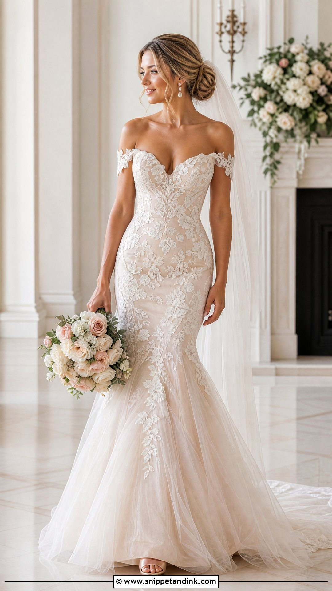 Champagne Off the Shoulder Mermaid Wedding Dress - Snippet and Ink - 20 Off the Shoulder Mermaid Wedding Dress Ideas