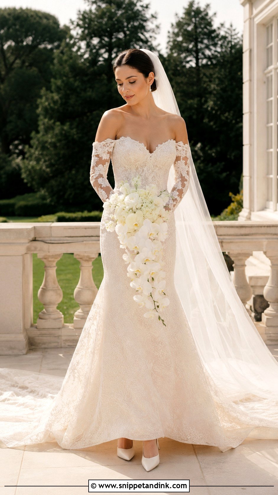 Champagne Off the Shoulder Wedding Dress With Long Sleeves - Snippet and Ink - 20 Champagne Wedding Dress with Sleeves