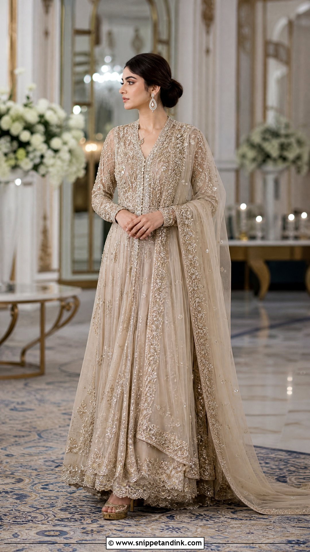 Champagne Pakistani Bridal Gown With Crystal Details - Snippet and Ink - 20 Pakistani Bridal Gown Ideas