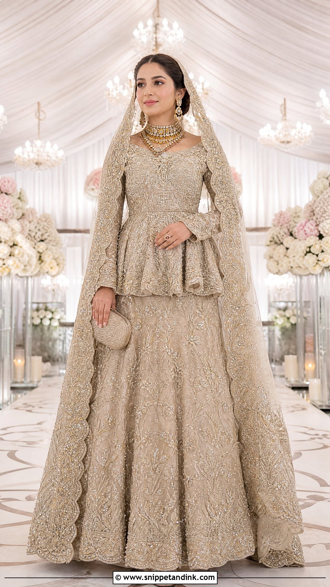 Champagne Pakistani Walima Bridal Peplum Lehenga - Snippet and Ink - 20 Pakistani Walima Bridal Dresses