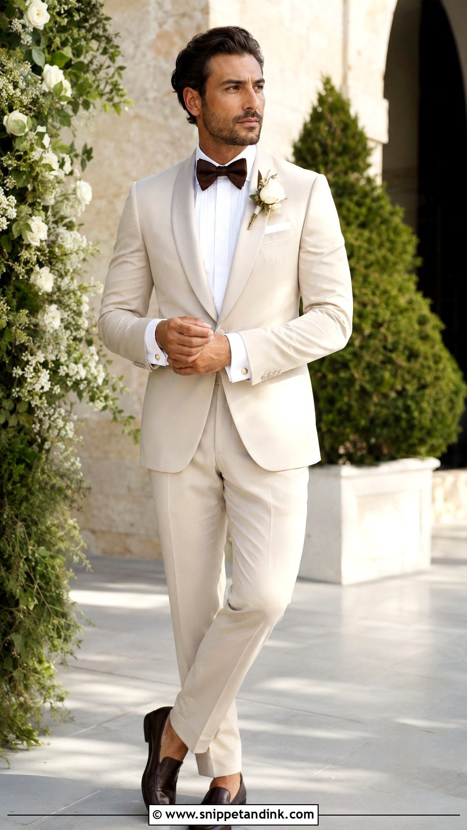 Champagne Peak Lapel Tuxedo With Brown Loafers - Snippet and Ink - 20 Champagne Tuxedo Wedding Ideas