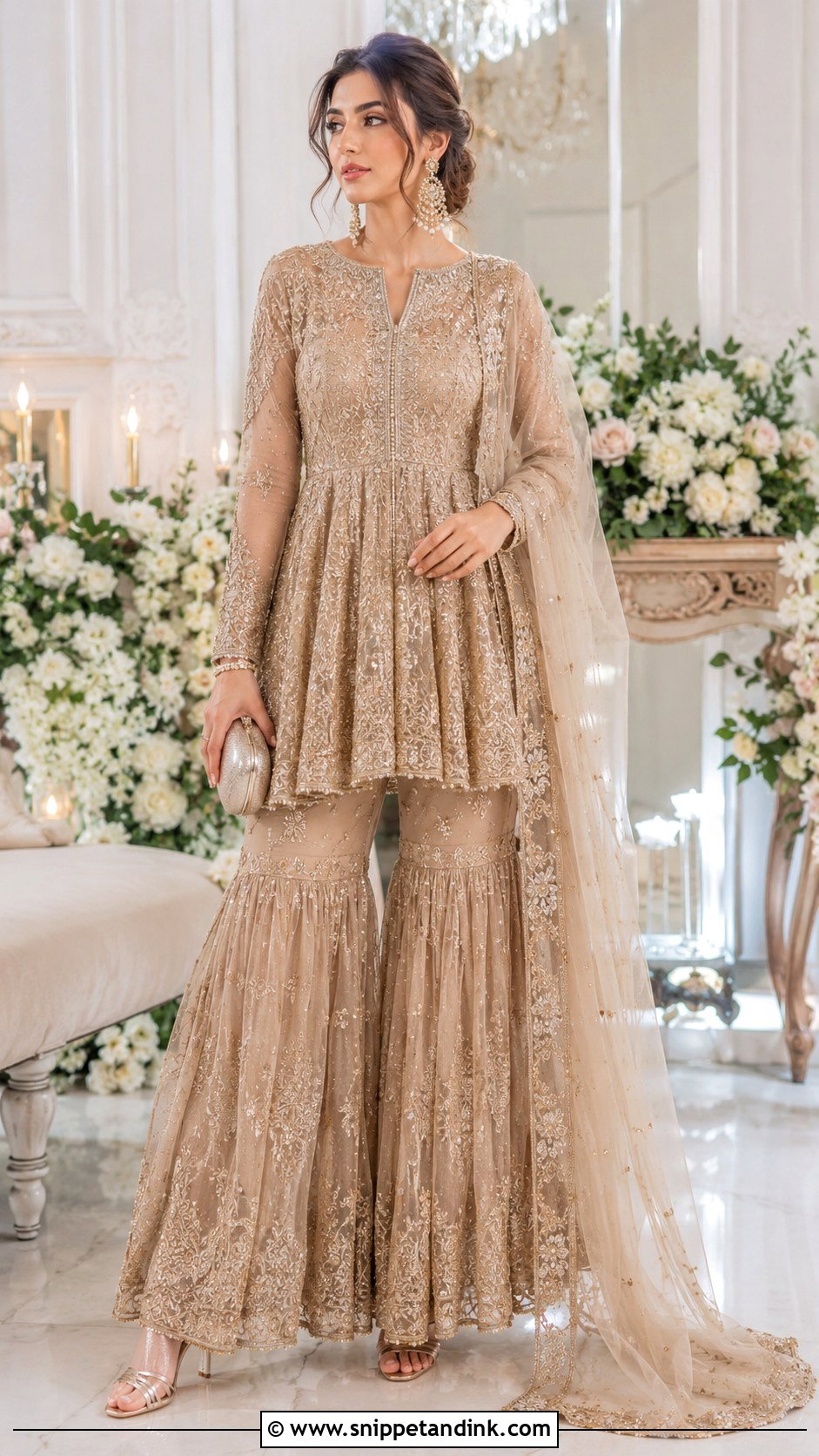 Champagne Peplum Gharara Outfit - Snippet and Ink - 30 Pakistani Wedding Outfits Sisters