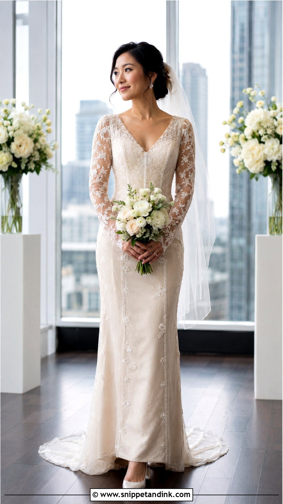 Champagne Petite Sheath Wedding Dress With Lace Sleeves - Snippet and Ink - 20 Champagne Wedding Dress with Sleeves