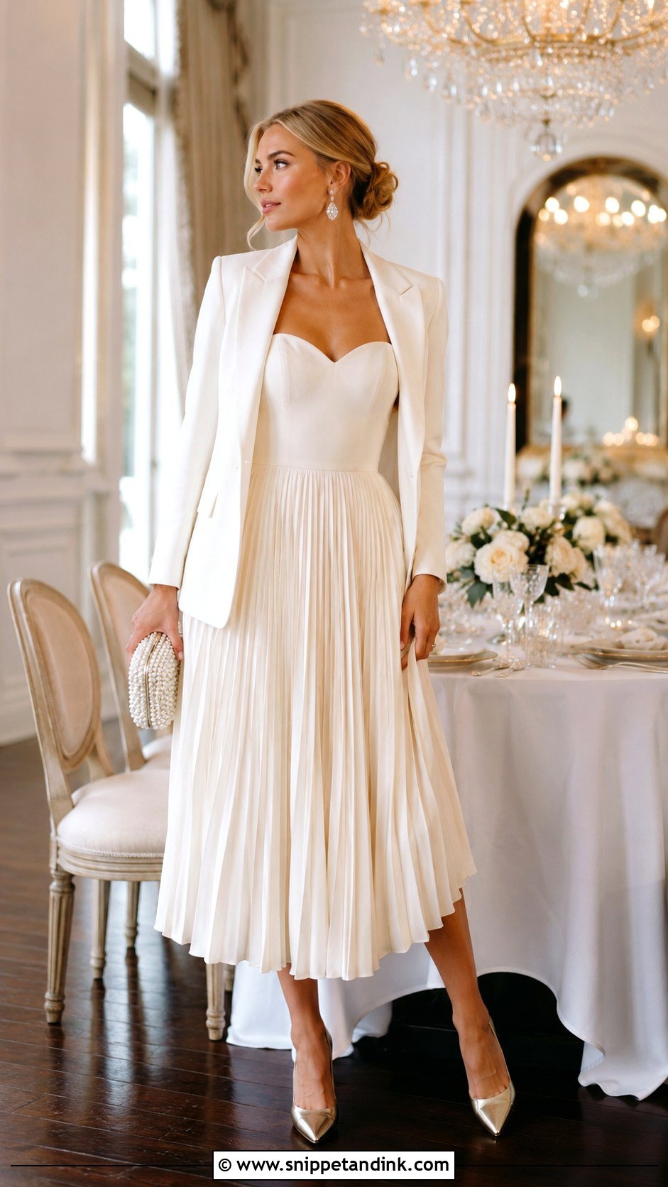 Champagne Pleated Midi Fall Rehearsal Dinner Dress - Snippet and Ink - 20 Fall Rehearsal Dinner Dress for Bride Ideas