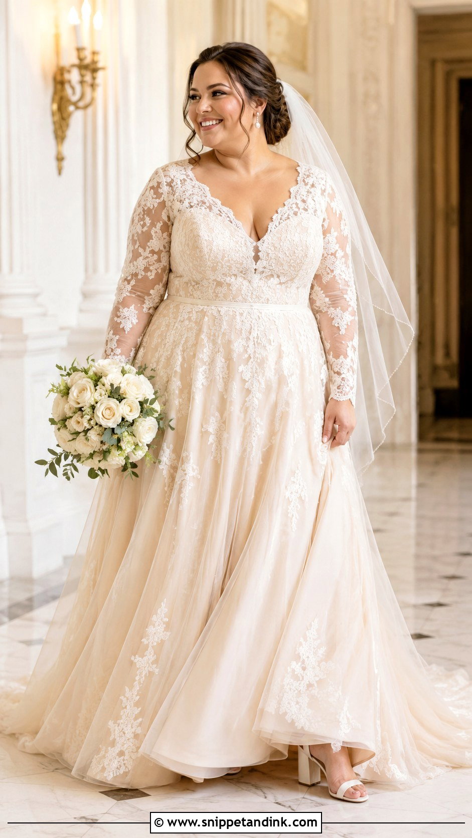 Champagne Plus Size A Line Wedding Dress With Sleeves - Snippet and Ink - 20 Champagne Wedding Dress with Sleeves