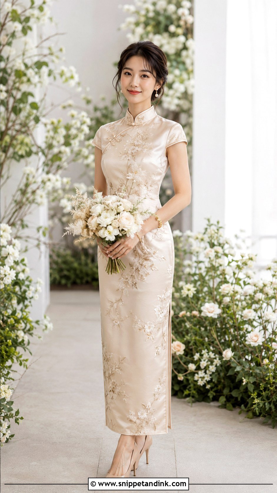 Champagne Qipao Wedding Dress - Snippet and Ink - 25 Modern Chinese Wedding Dress Ideas