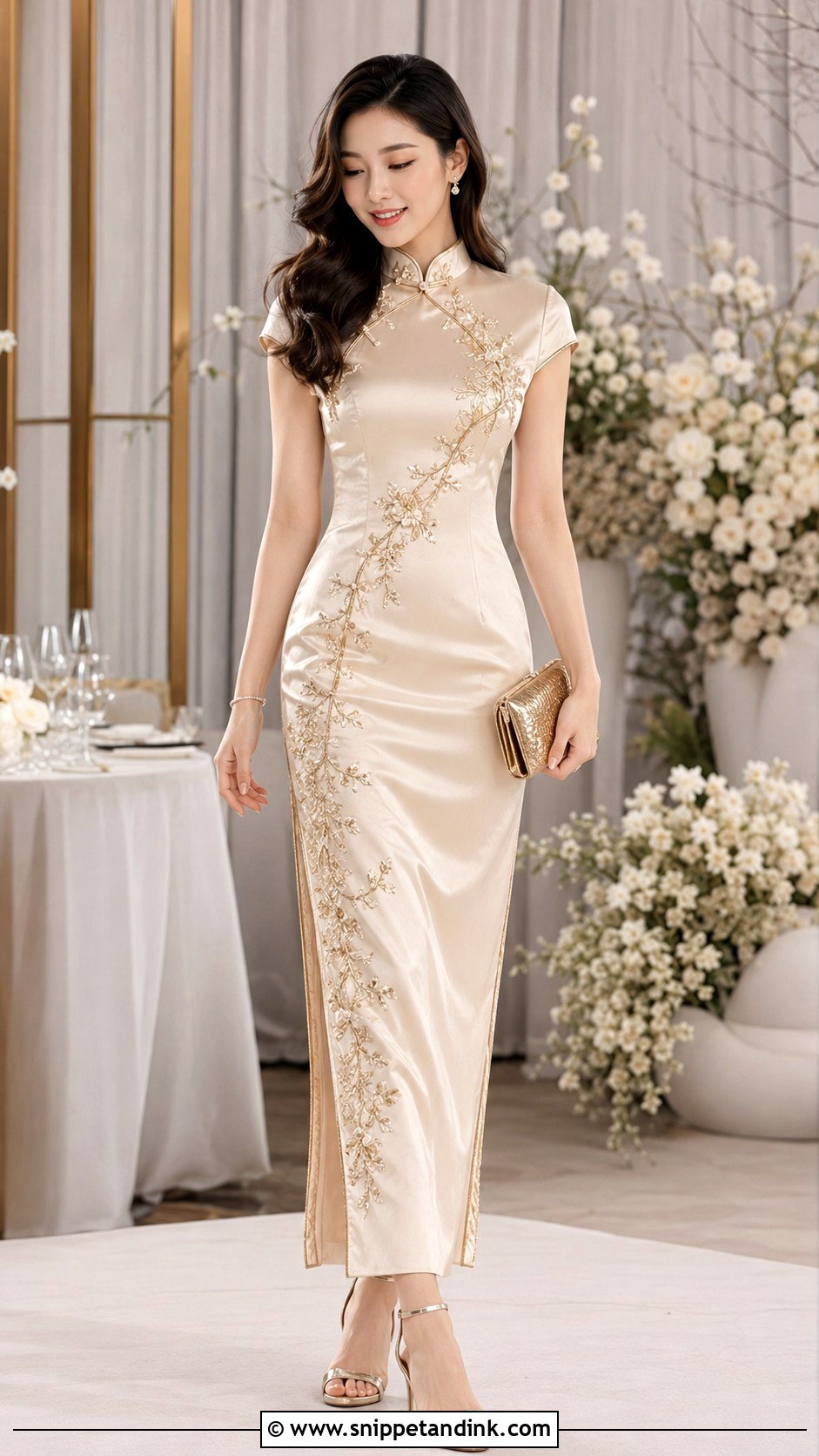 Champagne Qipao Wedding Dress - Snippet and Ink - 25 Traditional Chinese Wedding Dress Ideas