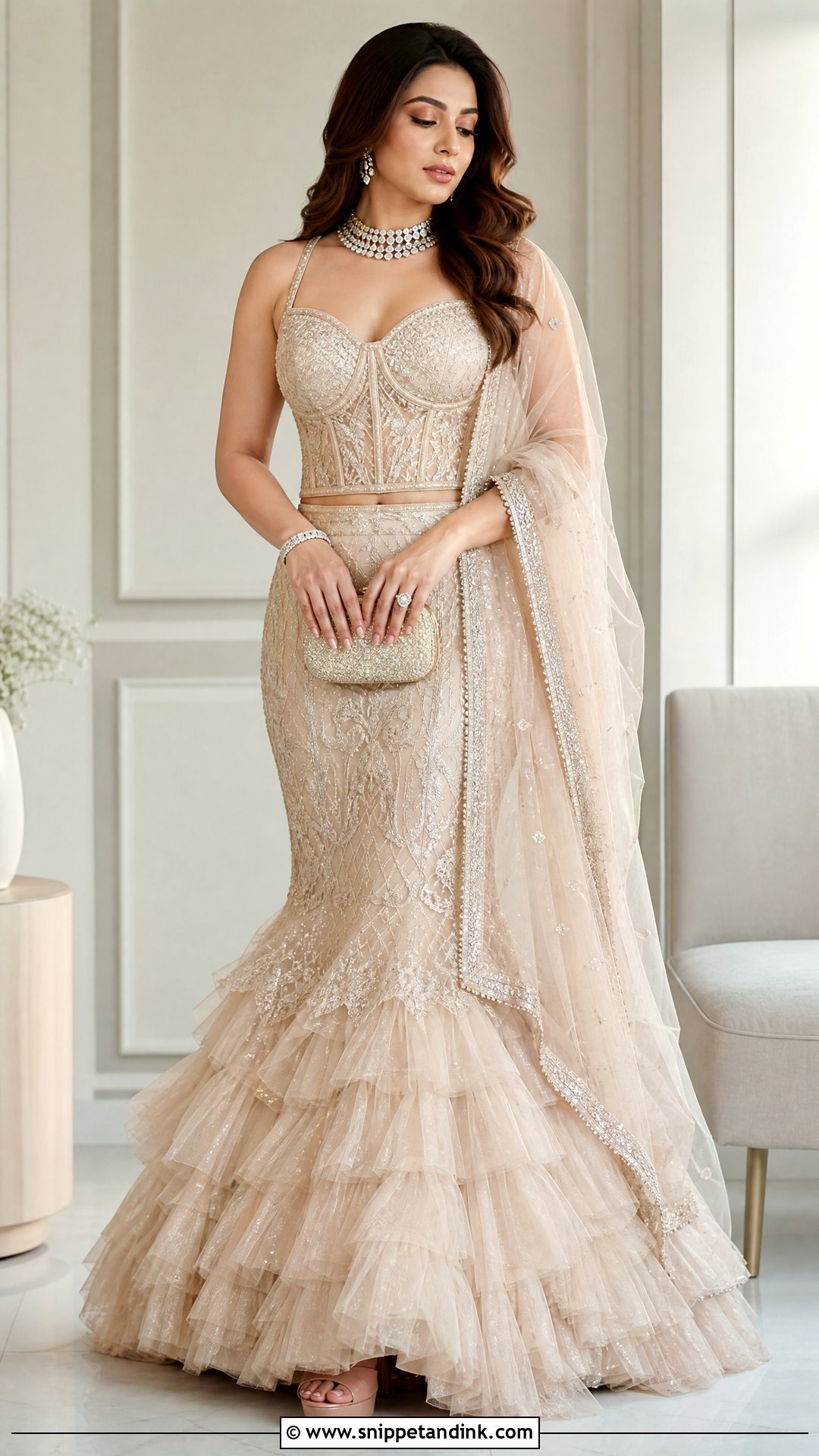 Champagne Ruffle Mermaid Bridal Lehenga - Snippet and Ink - 20 Indian Mermaid Wedding Dress Ideas
