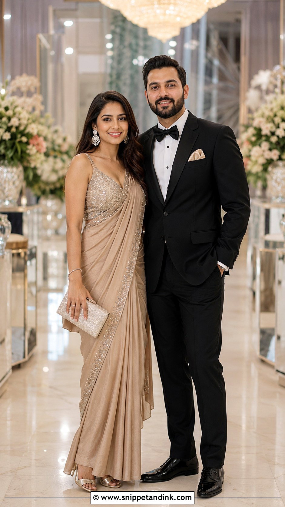 Champagne Saree And Black Tuxedo Couple Outfit - Snippet and Ink - 20 Indian Wedding Couple Outfits