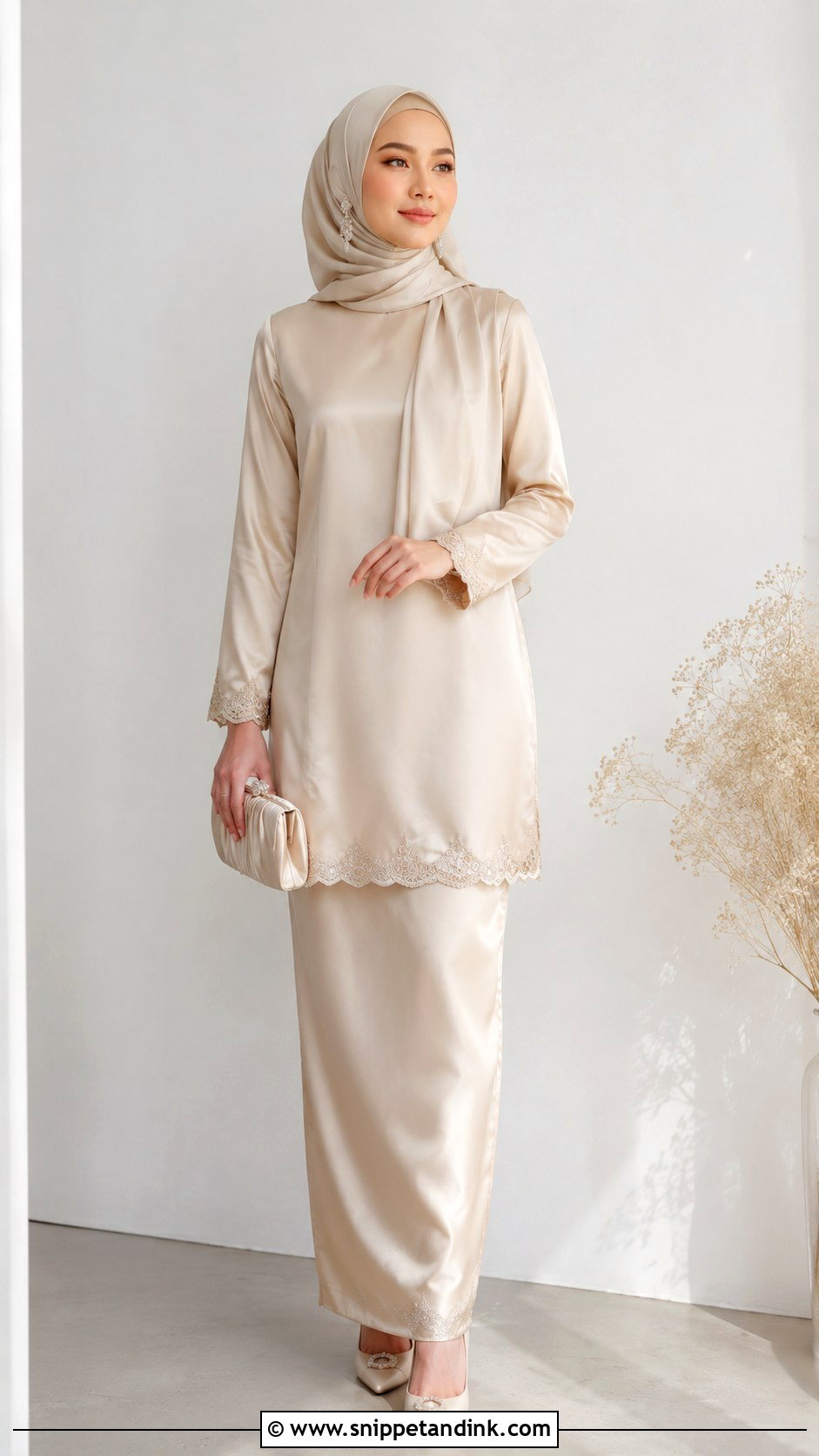 Champagne Satin Baju Kurung - Snippet and Ink - 30 Malay Wedding Dress Ideas