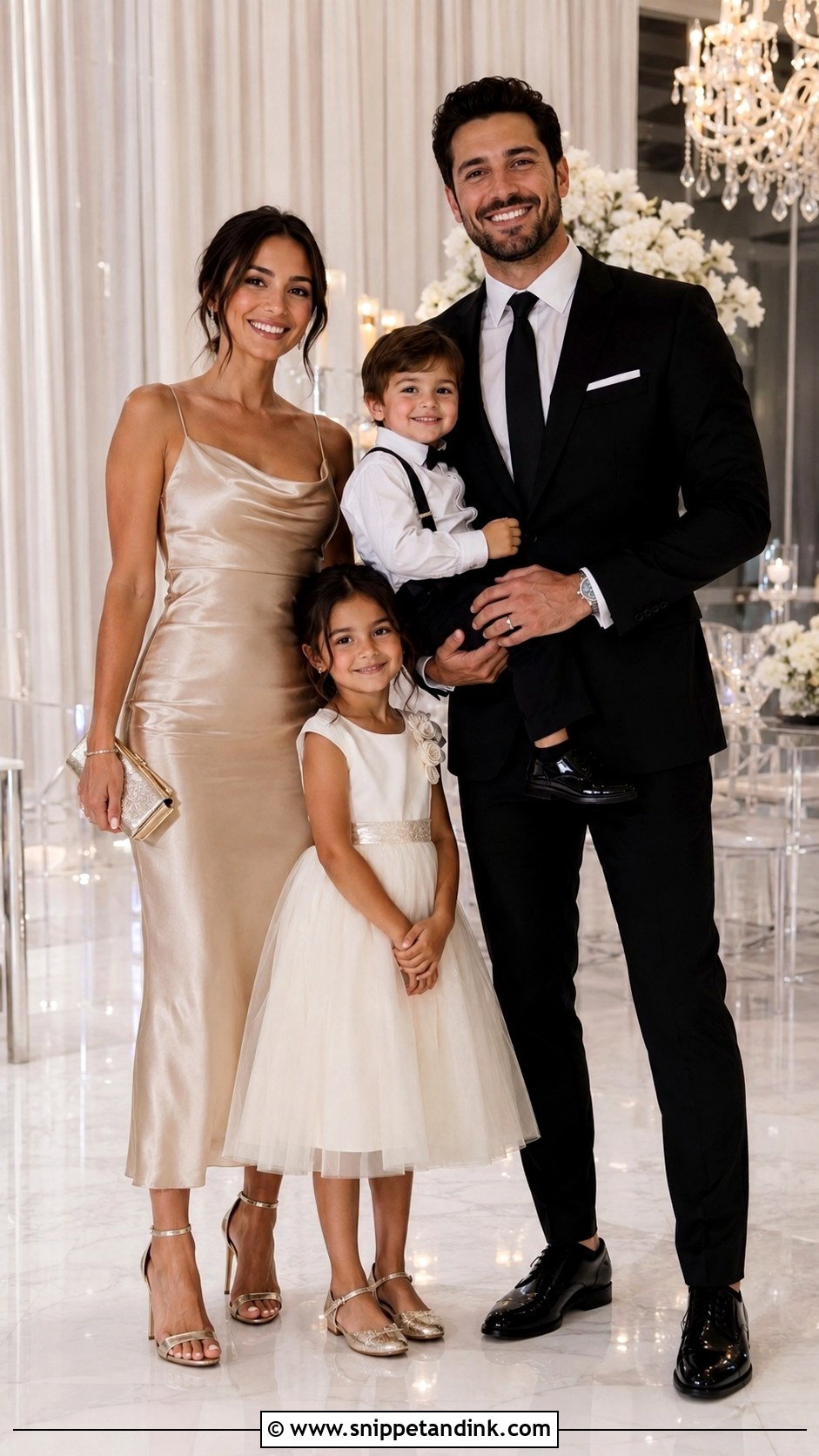 Champagne Satin Dress And Black Suit Family Wedding Outfit - Snippet and Ink - 25 Family Wedding Outfits