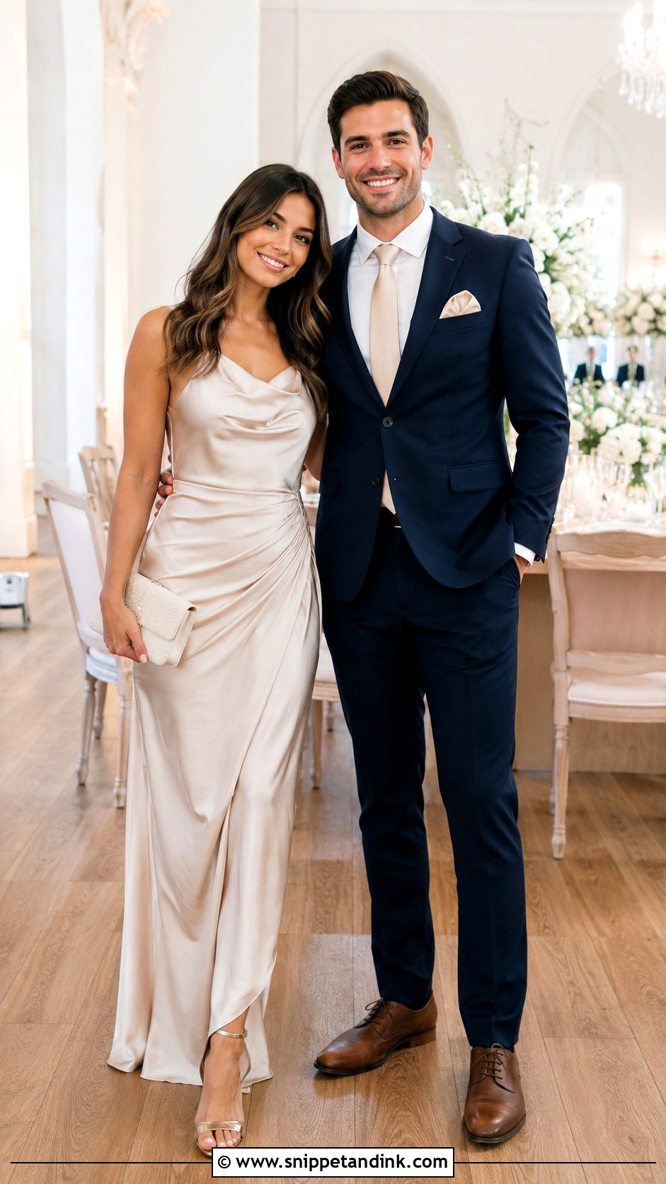 Champagne Satin Dress And Navy Suit - Snippet and Ink - 20 Gold Dress and Suit Couple Ideas