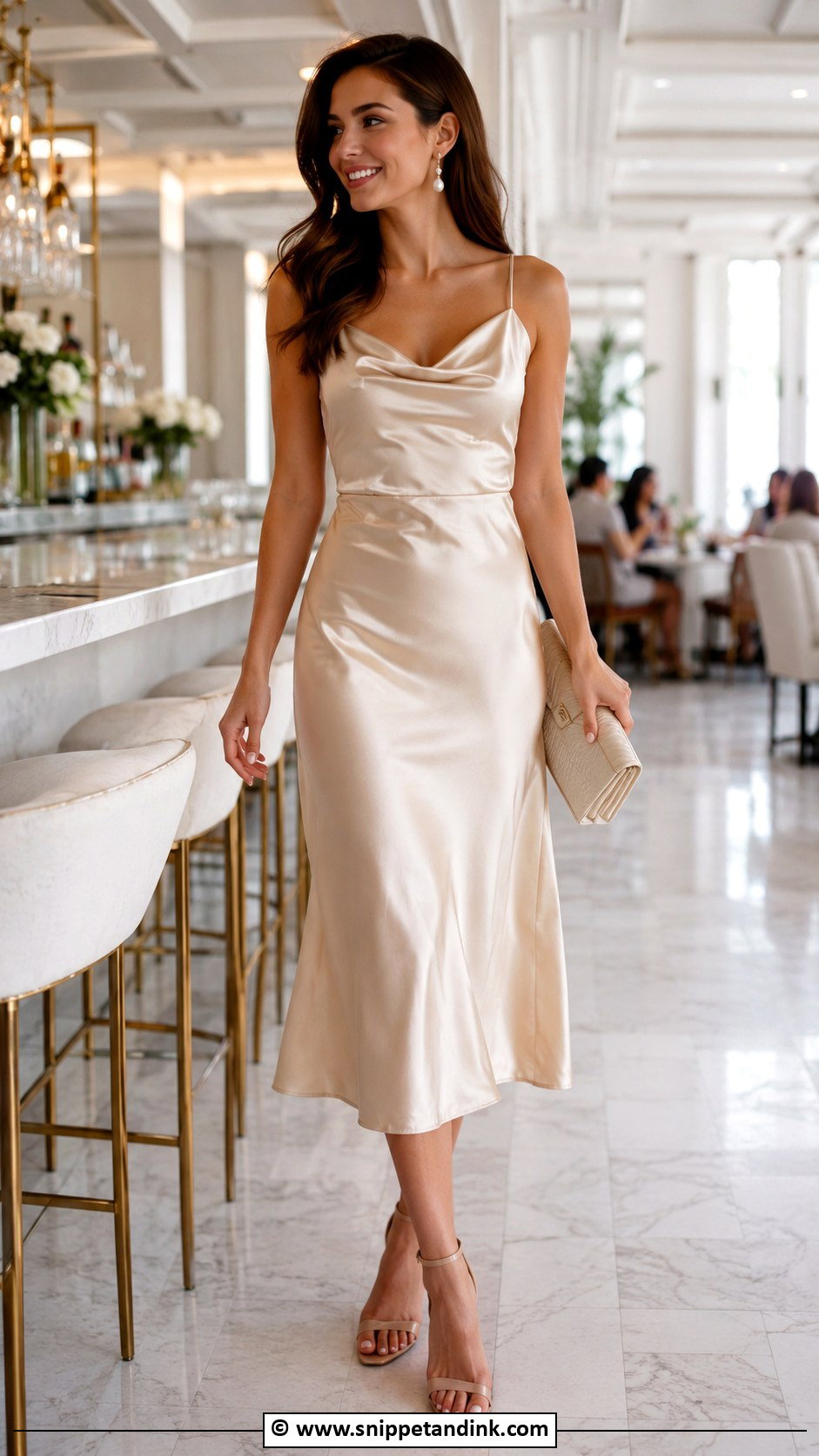 Champagne Satin Dress Bridal Brunch Outfit - Snippet and Ink - 25 Bridal Brunch Outfit Ideas