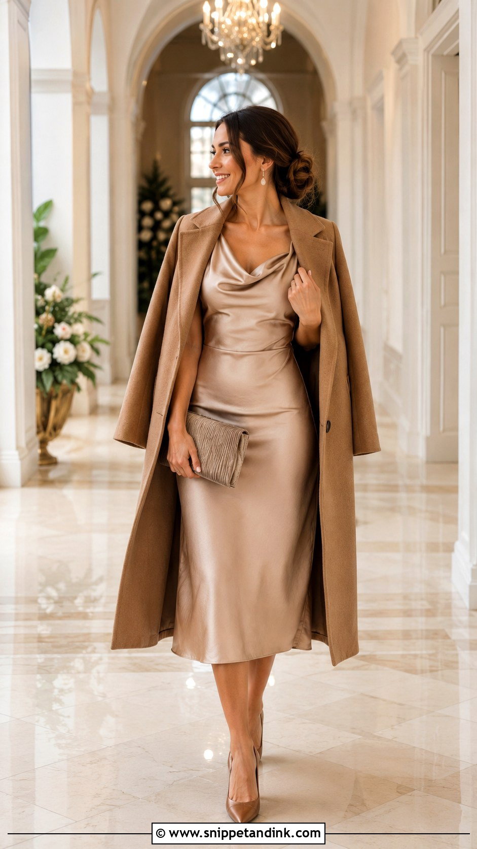 Champagne Satin Dress Winter Wedding Outfit - Snippet and Ink - 30 Winter Wedding Outfit Ideas