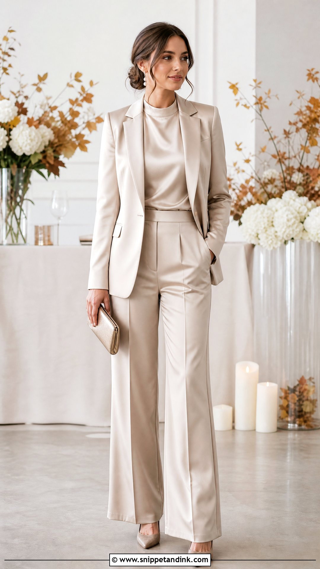 Champagne Satin Fall Bridesmaid Pantsuit - Snippet and Ink - 20 Fall Wedding Party Attire Ideas
